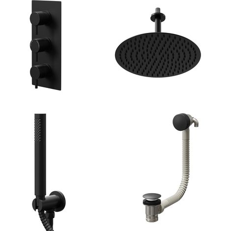 Colore Round Matt Black Concealed Triple Thermostatic Shower Valve with Diverter and 300mm Fixed Head with 150mm Ceiling Arm and Outlet Holder with Kit and Free-Flow Bath Filler - 3 Outlet (1/5)