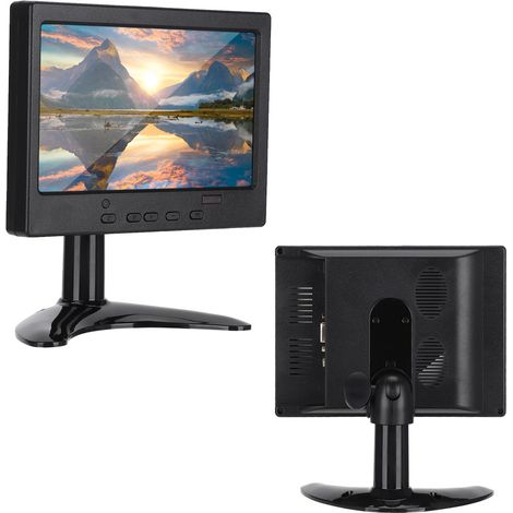 Moniteur multifonction 7 pouces, résolution 1024 x 600, format 16:9, entrées HDMI/VGA/AV, avec pied (100-240 V), prise britannique.