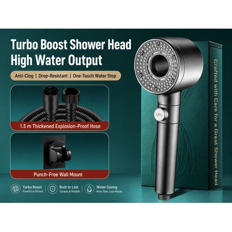 (Ensemble de douche gris 2) Pommeau de douche haute pression Turbo Fan avec filtre, douchette à main économique, jet à arrêt automatique pour salle de bain (1/5)