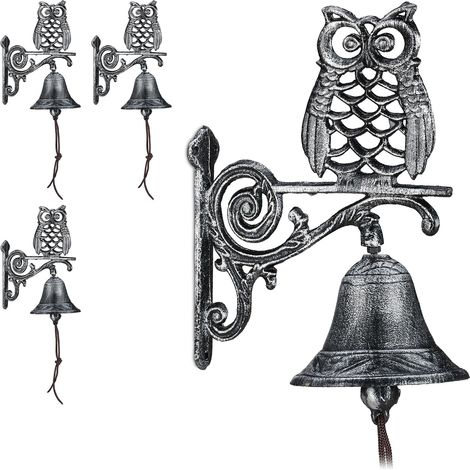 Relaxdays 4x Cast Iron Door Bells, Antique Design, Owl with Cord, Weatherproof, Garden Decoration, 26.5x19x11 cm, Silver