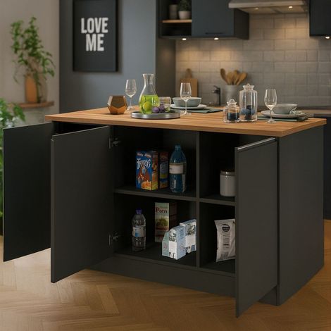 Dmora - Isla de cocina Patrizio, mesa auxiliar de almacenaje, mueble de cocina de 3 puertas, 100% Made in Italy, 155x90h90 cm, Antracita y Roble (1/5)
