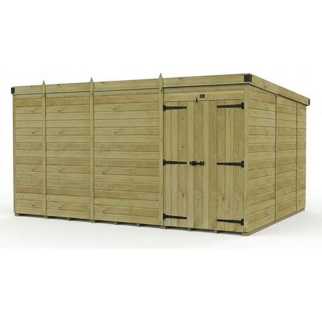13ft x 10ft Pent Garden Shed Double Door No Windows - Pressure Treated Timber - L396 x W305 x H210 cm - Natural