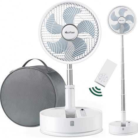 Ventilateur Silencieux Portable Pliable Réglable Ø10''/25CM Ventilateur sur Pied Télécommande 5 Vitesses Ventilateur de Table 7200mAh Batterie Rechargeable avec Sac Blanc (1/5)