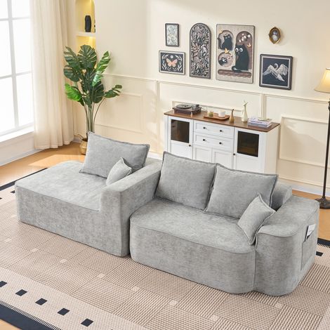 Sofá esquinero de 4 plazas en forma de L, diseño modular moderno, no requiere montaje, tejido chenilla, color gris (1/5)