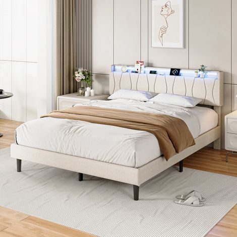 Lit double 160x200 cm avec pieds, lit adult avec Sommier à Lattes, Tête de Lit avec LED, USB‑C Type‑C, beige lin, pour chambre d’invités (1/5)