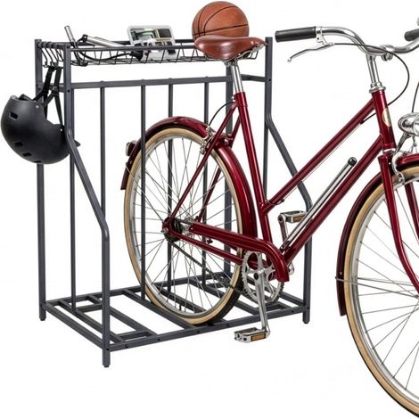 Freestanding Bike Rack, Basket And 6 Hooks, Adjustable Slots (1/5)