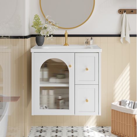 Mueble de baño con lavabo suspendido moderno, lavabo cerámico, puerta de vidrio acanalado, LED interior, MDF blanco (1/5)