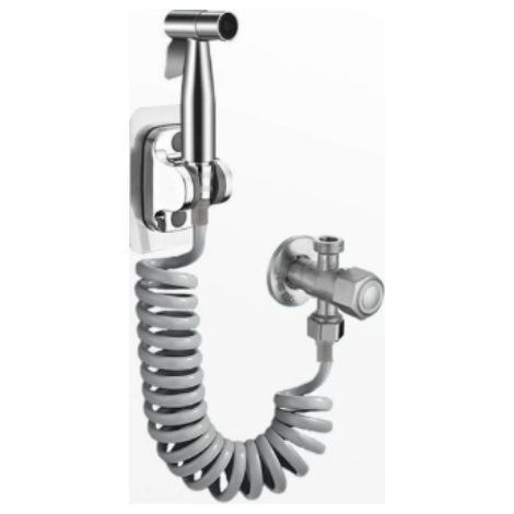 Pulvérisateur de bidet de toilette, pistolet pulvérisateur en argent 304 + tube télescopique de 2 m + support + vanne d'angle à commande unique (1/5)
