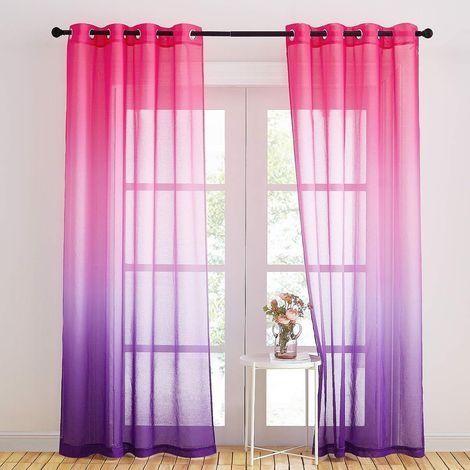 Rideaux de fenêtre - œillets en voile de lin joli dégradé pour salon atmosphère romantique prêt à accrocher 140 x 220 Fuchsia/violet Lot de 2 (1/5)