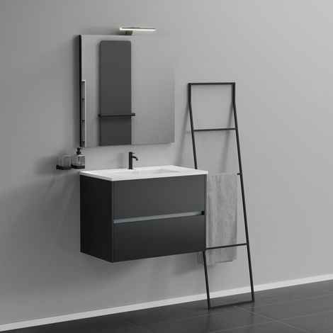 Inda - Badezimmerschrank 2 Schubladen L.80 mit Waschbecken, Spiegel und Lampe - Mattschwarz