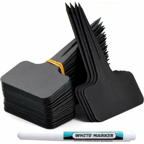 [NEVER USED] 100 Pieces Outdoor Garden Labels T-Type Plastic Plant Markers Vegetable Garden Labels with Waterproof Pen Reusable Labeling and Plant Accessories (Black)