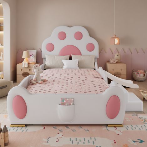 Lit enfant capitonné tête de lit patte de chat avec toboggan et échelle 2 marches revêtement polyuréthane blanc rose 90x200 cm