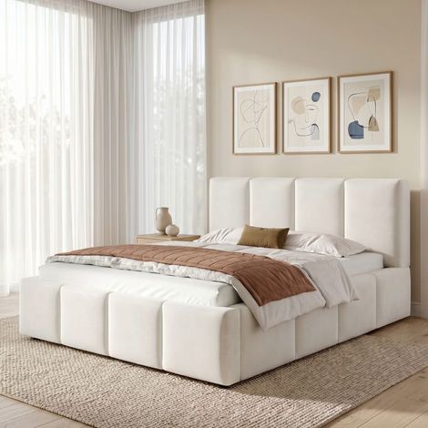 Lit capitonné, lit double, 160 x 200 cm, avec sommier à lattes et tête de lit capitonnée, chenille, beige, sans matelas (1/5)