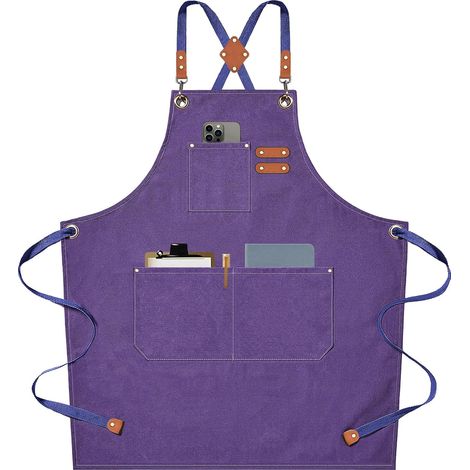 Chef Aprons for Men Women with Large Pockets, Cotton Canvas Cross Back Heavy Duty Adjustable Work Apron, Size M to XXL (Purple) (1/5)