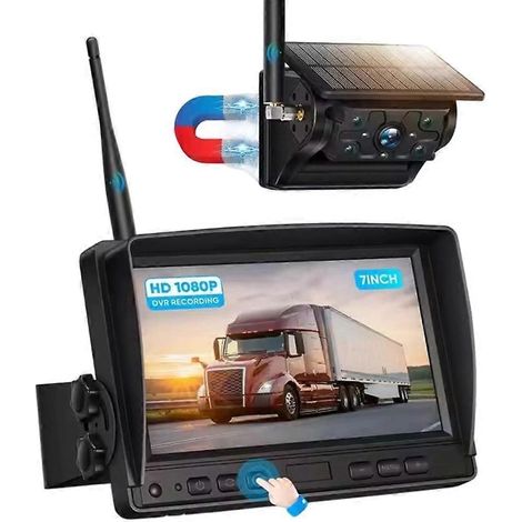 Caméra de recul sans fil à énergie solaire avec moniteur d'enregistrement DVR 1080P AHD 7" pour voiture/camion/remorque (1/5)