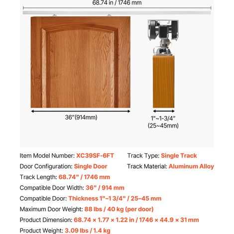 VEVOR Sliding Pocket Door Hardware Track Kit, 68.74" Pocket Door Track Kit with Soft Close Mechanism for Smooth and Quiet Sliding, Easy to Install, for 1" to 1 3/4" Thickness 36" Width Single Door (1/4)