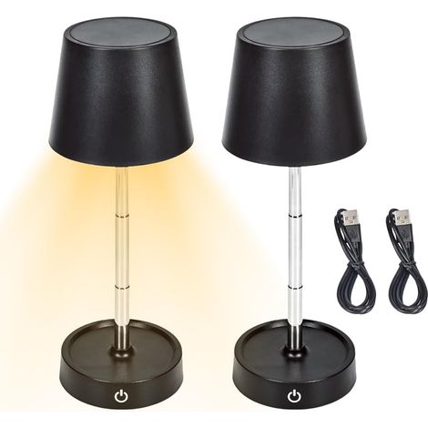 2Pcs Lampe de Table Sans Fil, Lampe de Table LED Réglable en Hauteur, Lampe Tactile Sans Fil, Lampe de Chevet Intensité Variable, Lampe de Chevet Rechargeable USB Tactile, pour Chambre (Noir) (1/5)