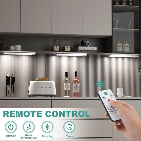 Lampe sous-meuble avec détecteur de mouvement et télécommande, 3 températures de couleur, lumière LED pour armoire, rechargeable par USB-C, lumière de comptoir à intensité variable, veilleuse sans fil (1/4)