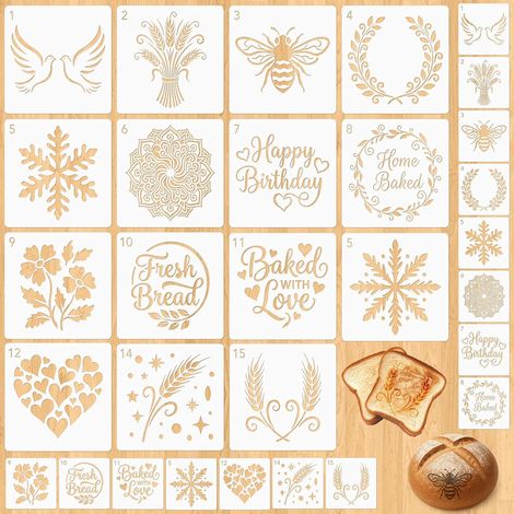 30 stencil per pane fatti a mano, stencil per lievito madre, strumenti per decorare il pane a lievitazione naturale, supporto per stencil per biscotti, vari disegni per decorare biscotti, torte o cros (1/5)