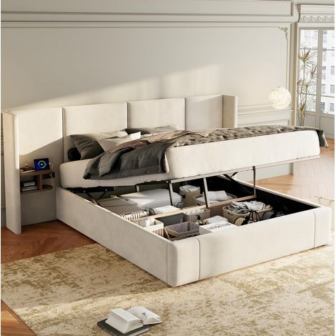 DESVIAE Lit coffre capitonné 160 x 200 cm avec 2 tables de chevet rangement USB prises sommier à lattes bois velours beige (1/5)