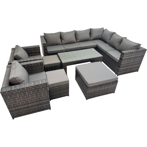 Fimous Outdoor Rattan Oblong Coffee Table Corner Sofa Sets Garden Furniture Set with 2 Chairs 2 Small Stools Dark Grey Mixed (1/5)