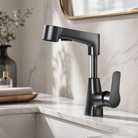 Robinet lavabo rétractable et réglable en hauteur, mitigeur salle de bain rotatif 360°, finition gris brillant, cuivre (1/5)