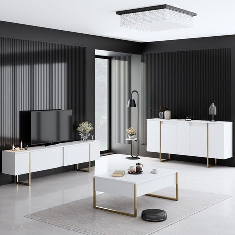 Möbelset Weiß Luxus - Couchtisch + TV-Schrank + Kommode –