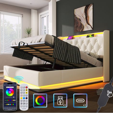 lit coffre 160x200 LED avec USB-C, PU blanc HAVRYA (1/5)