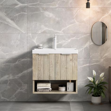 Vasque suspendue 55 cm avec meuble rangement blanc et bois clair (1/5)