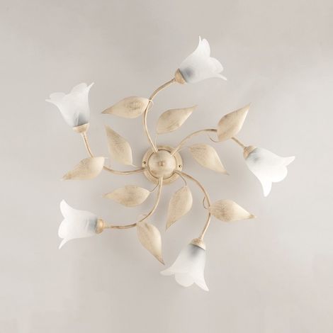 Lámpara de techo en hierro Ivory Gold cinco luces Vidrio blanco alabastro 70x h20 cm