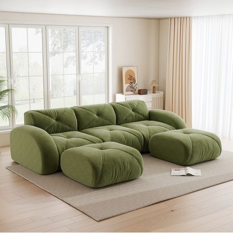 Canapé modular 3 plazas chenilla verde en U con 2 pufs, sin montaje