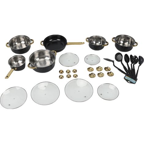 Ensemble de casseroles en acier inoxydable compatible avec l'induction, comprenant des casseroles à double poignée, un long manche, des couvercles en verre et des spatules. (1/5)