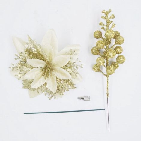 Lot de 5 bouquets de fleurs de Noël pailletées avec poudre dorée pour décoration de sapin et décoration intérieure (1/5)
