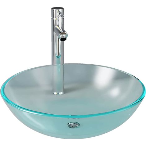 Lavabo vasque à poser Luxueux, Bac à laver, avec robinet et drain à poussoir Verre trempé OIB5483E (1/5)