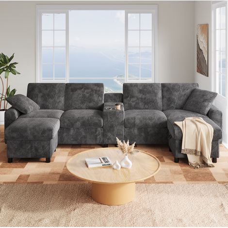 Sofá en U (315x135x81 cm), con 1 puerto USB, 2 puertos Type-C, 2 enchufes, 2 pufs con almacenaje, pana gris (1/5)