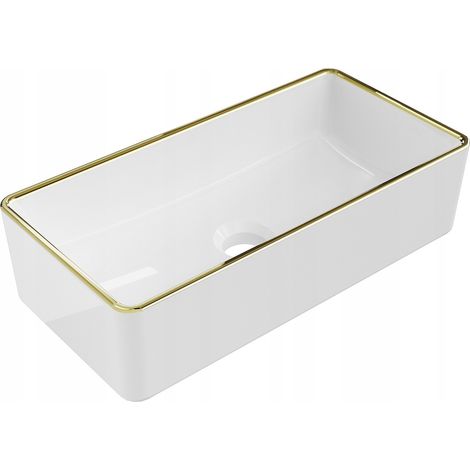 Lavabo cerámico sobre encimera, 46,5x23,5x12 cm, Blanco/Dorado