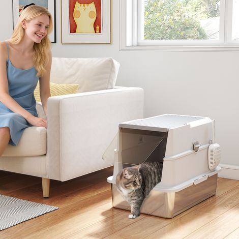 Arenero cerrado XL de acero inoxidable, inodoro grande para gatos, 60,2 x 40,2 x 43,3 cm, gris claro (1/5)