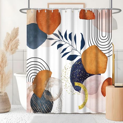 Rideau Douche Abstrait, Rideau de Douche Boho Terracotta Noir Lignes Rideau de Baignoire Anti Moisissure Imperméable Tissu Polyester Lavable Rideau Salle de Bain avec 12 Crochets 180Lx180Hcm (1/5)
