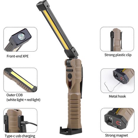 Nouvelle lampe de travail COB pliable à double face avec aimants puissants, trois modes d'éclairage et fonction lampe torche d'urgence (1/4)