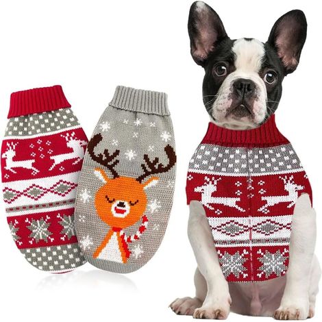 Taille S, élan + Faon，Lot de 2 Pulls de Noël pour Chien et Chat Motif Flocons de Neige Motif Renne Tricot Vêtements d'hiver pour Animaux de Compagnie pour Chatons et Petits Chiens