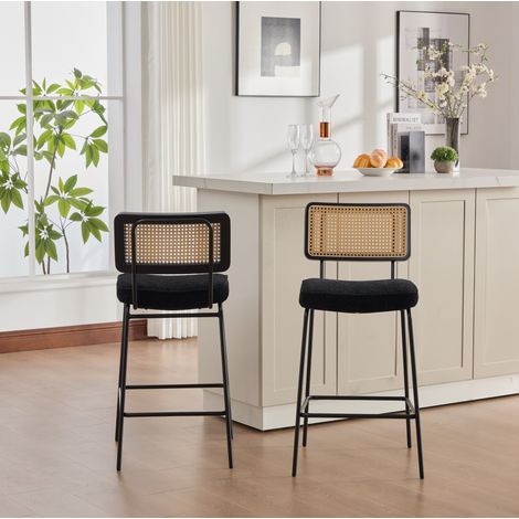 Set de 2 tabourets de bar modernes avec dossier en bois et rotin, assise en tissu chenille, pieds en métal laqué noir (1/5)