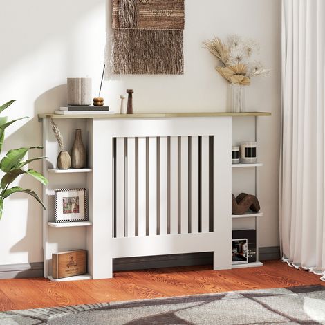 Cache-radiateur avec étagères de rangement ouvertes, couvercle de radiateur en bois à lattes, 124x19x83cm, blanc (1/5)