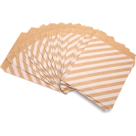 Lot de 25 sachets alimentaires pliables en papier kraft à rayures diagonales, parfaits pour emballer bonbons, noix, biscuits et autres en-cas. (1/5)