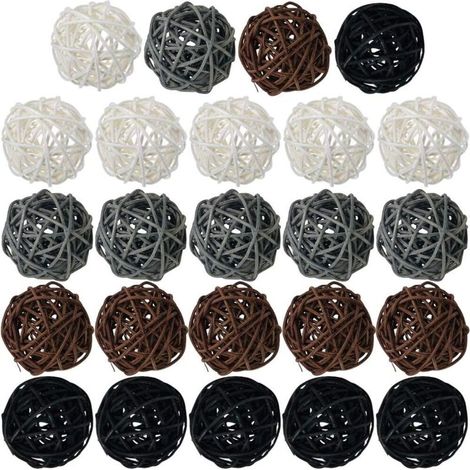 Palline di rattan, 24 pezzi, palline di vimini da 5 cm, sfere decorative, riempitivi per vasi, bianco + grigio + marrone + nero