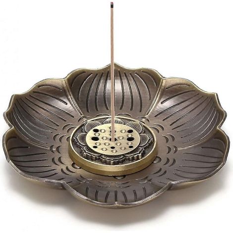 Porte-encens en laiton - Brûleur d'encens en bâtonnets de lotus et porte-encens conique avec récupérateur de cendres (9 trous) (1/4)