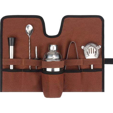 Ensemble de cocktails en toile, sac de transport, sangle en rouleau pliable Portable, barman de mixologie professionnel pour Camping en plein air marron. (1/5)