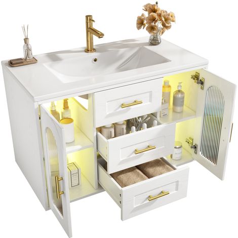 Meuble sous-vasque 76 cm mural avec lavabo en céramique, portes en verre strié, 2 tiroirs, LED et étagères réglables, finition blanc effet bois - CHICFURN (1/5)
