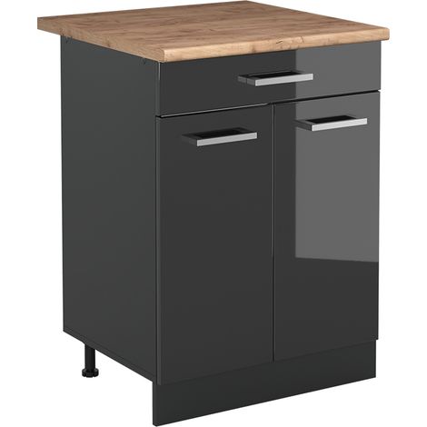 Mueble bajo de cocina R-Line, Antracita alto brillo/Antracita, 60 cm con cajón encimera Roble dorado, Vicco (1/5)
