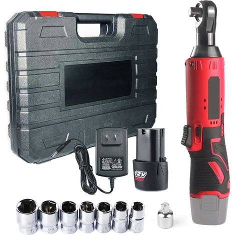 Clé à cliquet électrique, clé de réparation de tuyauterie, outil d'installation portable(rouge, une batterie + étui plastique + accessoires) (1/5)