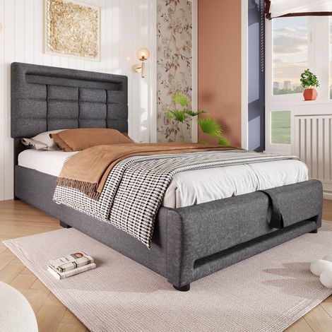 Lit simple 90 x 200 cm tissu gris avec coffre hydraulique, led, usb et contrôle à distance, sans matelas (1/5)